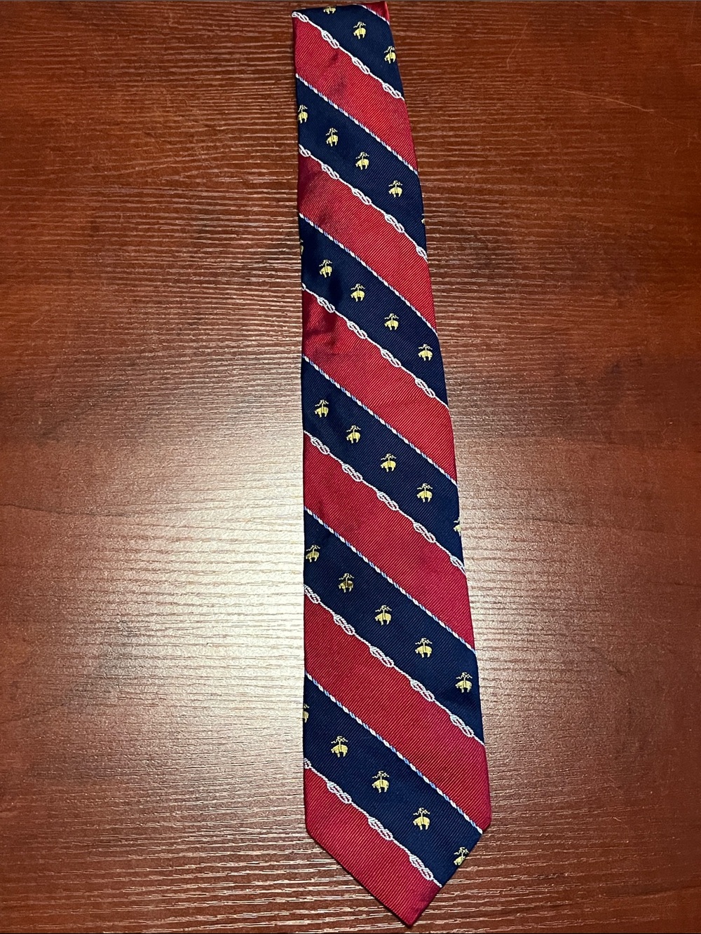 Brooks Brothers Silk Red and Navy Diagonal Stripe Tie with Gold Motif